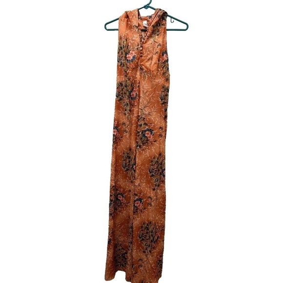 VTG Womens Dress Sz 13 Orange 70s Floral Satin Prom ILGWU Butterfly Print Maxi - Picture 3 of 12